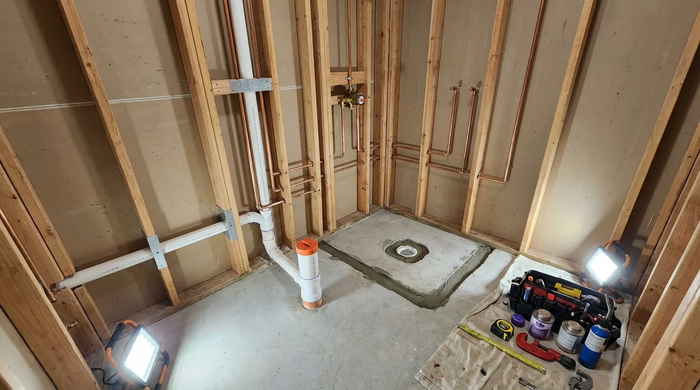 Bathroom rough-in plumbing during remodel by Johns Plumbing LLC in Black Lick