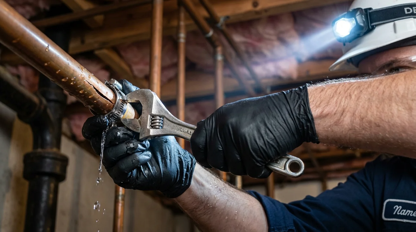 Emergency pipe clamp repair being performed by a Johns Plumbing LLC plumber in Black Lick