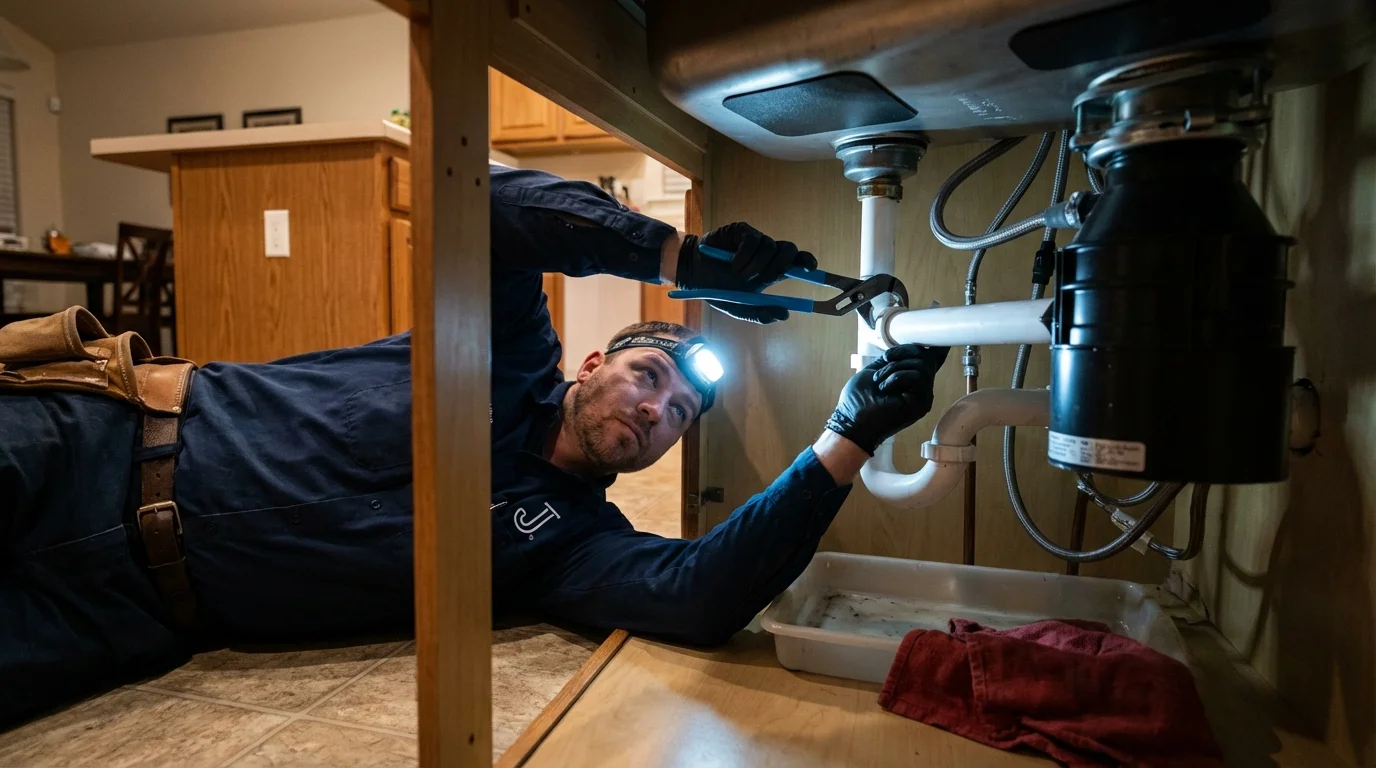 P-trap and supply line connections under a kitchen sink showing a common leak point in Black Lick, PA